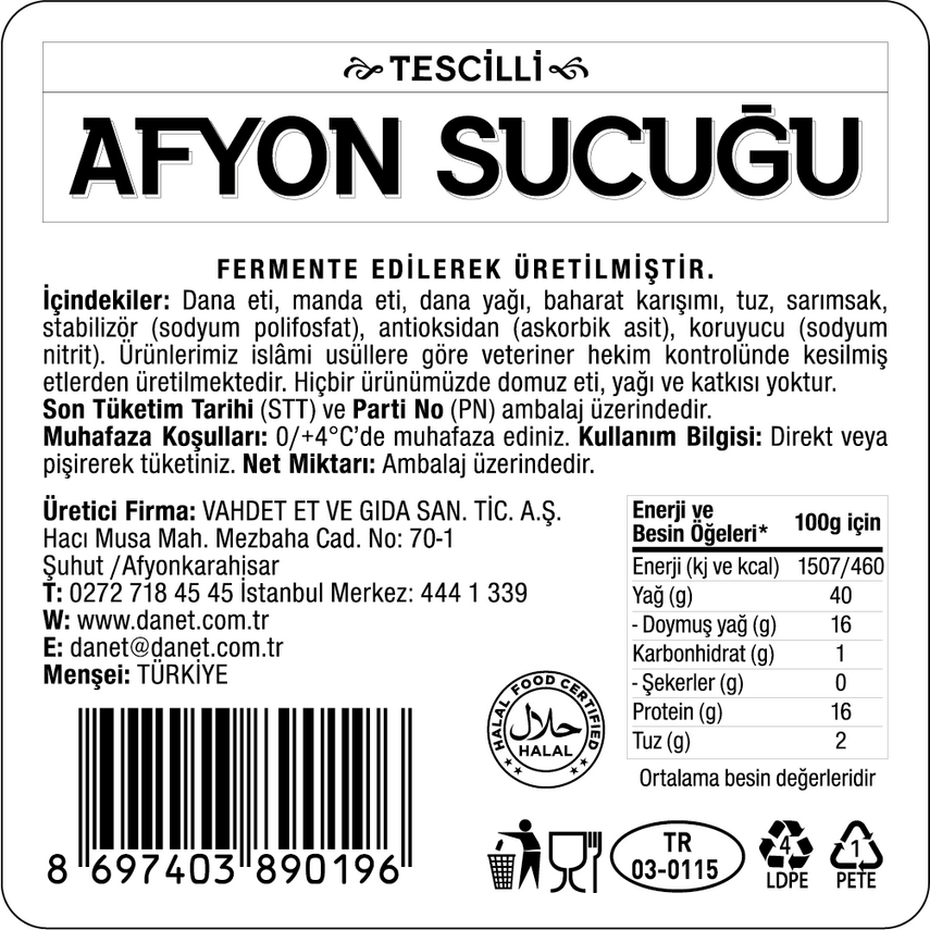 Tescilli Afyon Sucuğu I Fermente I 300 g - 2