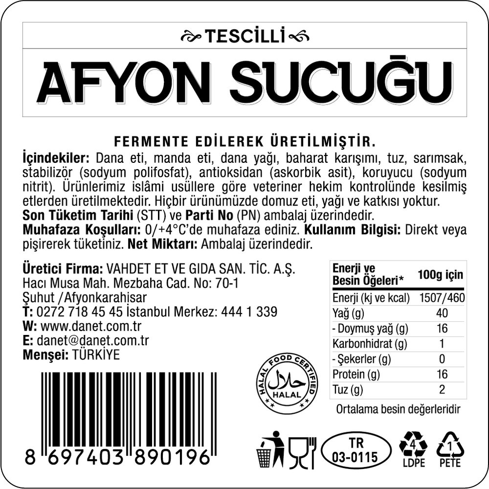 Tescilli Afyon Sucuğu I Fermente I 300 g - 2